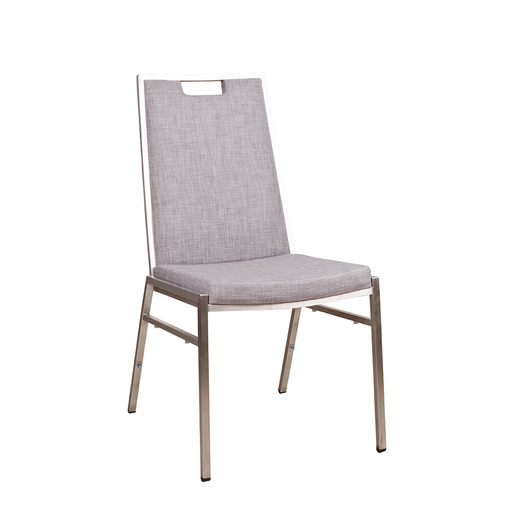 Bankettstuhl Arano mit Metallgestell und grauer Polsterung, stapelbar