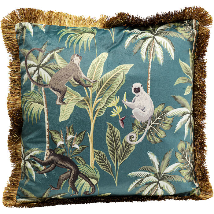 Kissen Jungle Fever 45x45 cm mit Dschungelmotiv, Affen-Illustrationen, exotischen Pflanzen und dekorativem Fransenrand auf grünem Stoff – Frontansicht