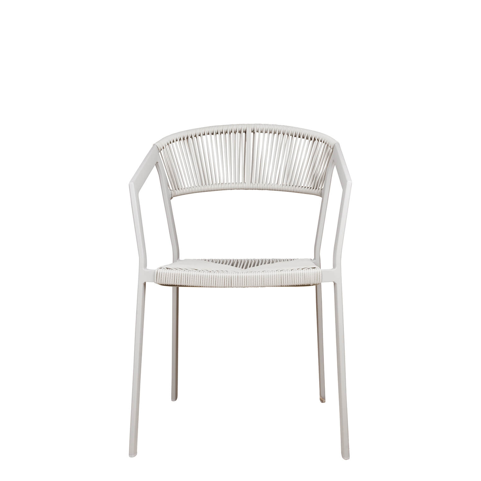 Outdoorstuhl Sponto-X Greige in Frontalansicht mit rundem Rücken und Kunststoffgeflecht für Gastronomie