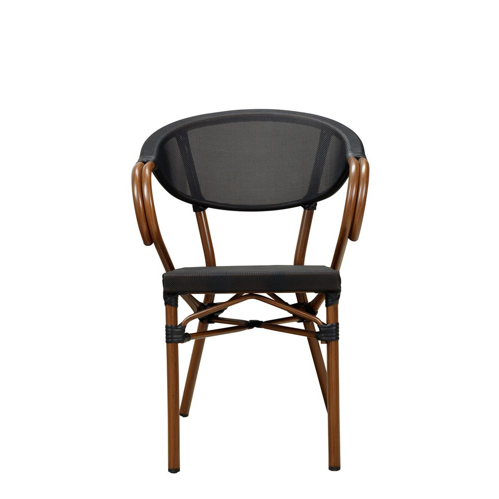 Stapelbarer Terrassenstuhl Ganua Black mit Textilen-Gewebe und Aluminiumgestell in Bambusoptik