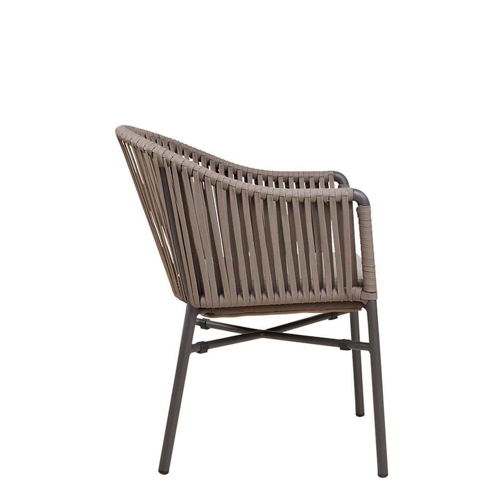 Gastronomie Terrassenstuhl Ramila-48 Taupe als moderner, wetterfester Outdoorstuhl mit Geflecht und Kissen auf Metallgestell Seitenansicht