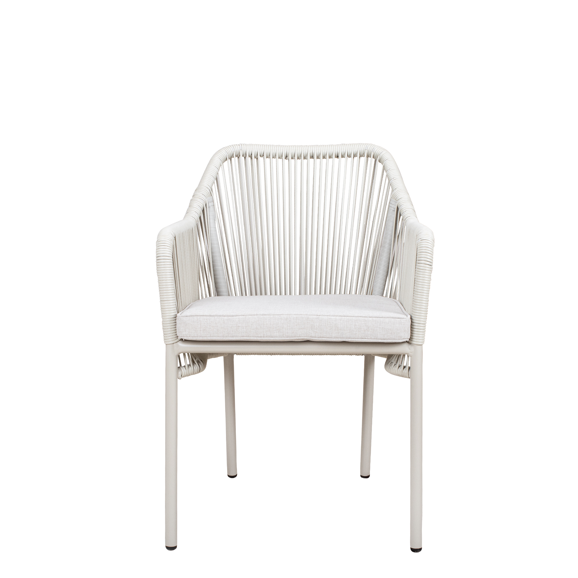 Baleris Greige Outdoorstuhl mit Armlehnen und Geflecht – Frontalansicht