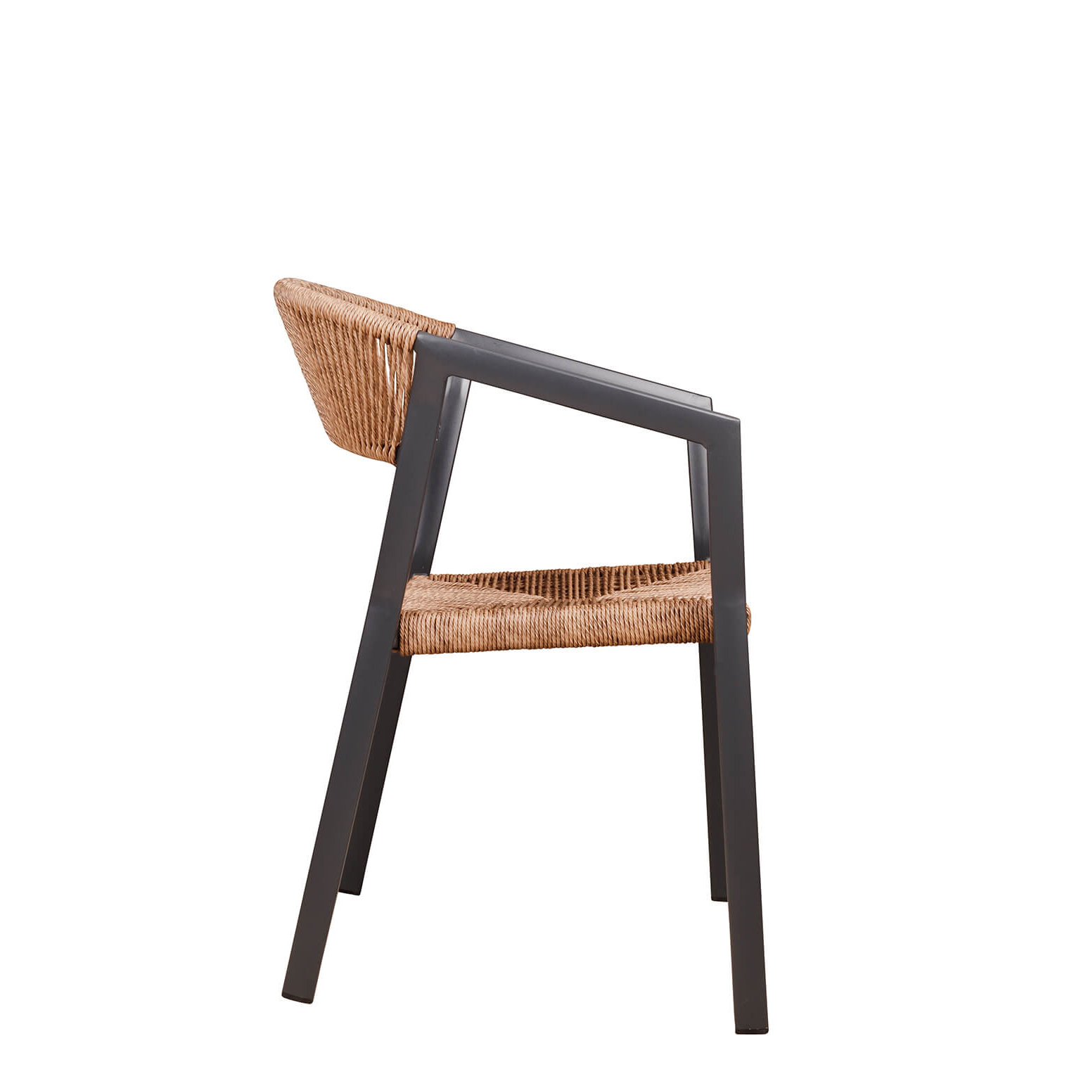 Seitliche Ansicht des Outdoorstuhls Sponto-X Natur mit schräger Armlehne und wetterfestem Gestell