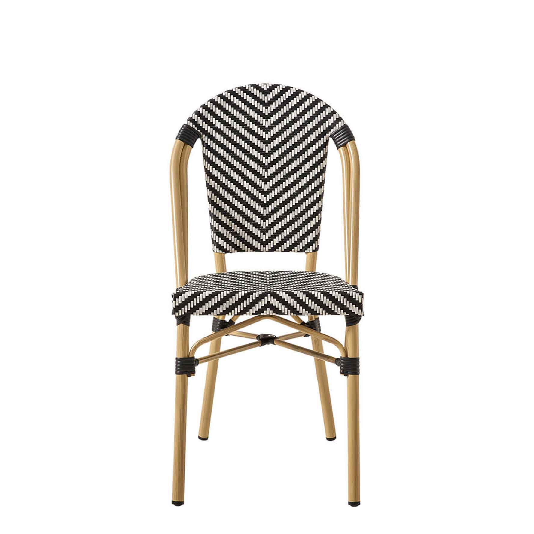 terassenstuehle_stapelbar_zypern_black_white_frontal Zypern Black White Outdoorstuhl mit Rückenlehne mit schwarz-weißem Flechtmuster in Rattan-Optik - Frontalansicht