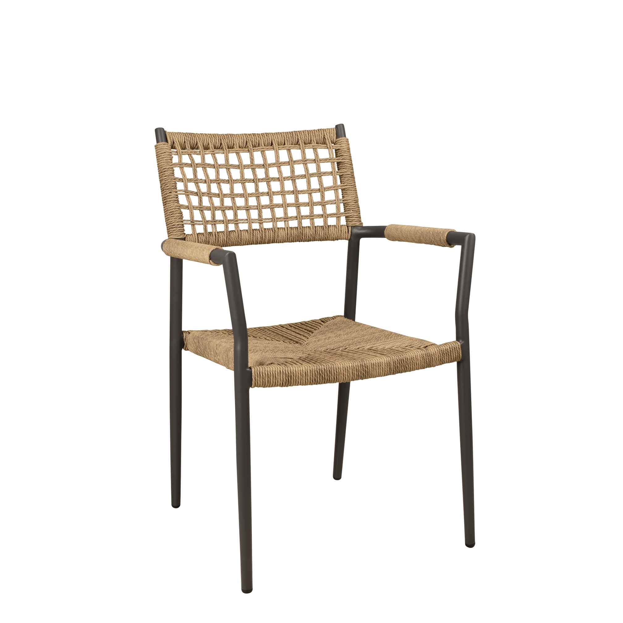 Sisson Wheat Outdoorstuhl mit Armlehnen und Flechtmuster – Vorderansicht