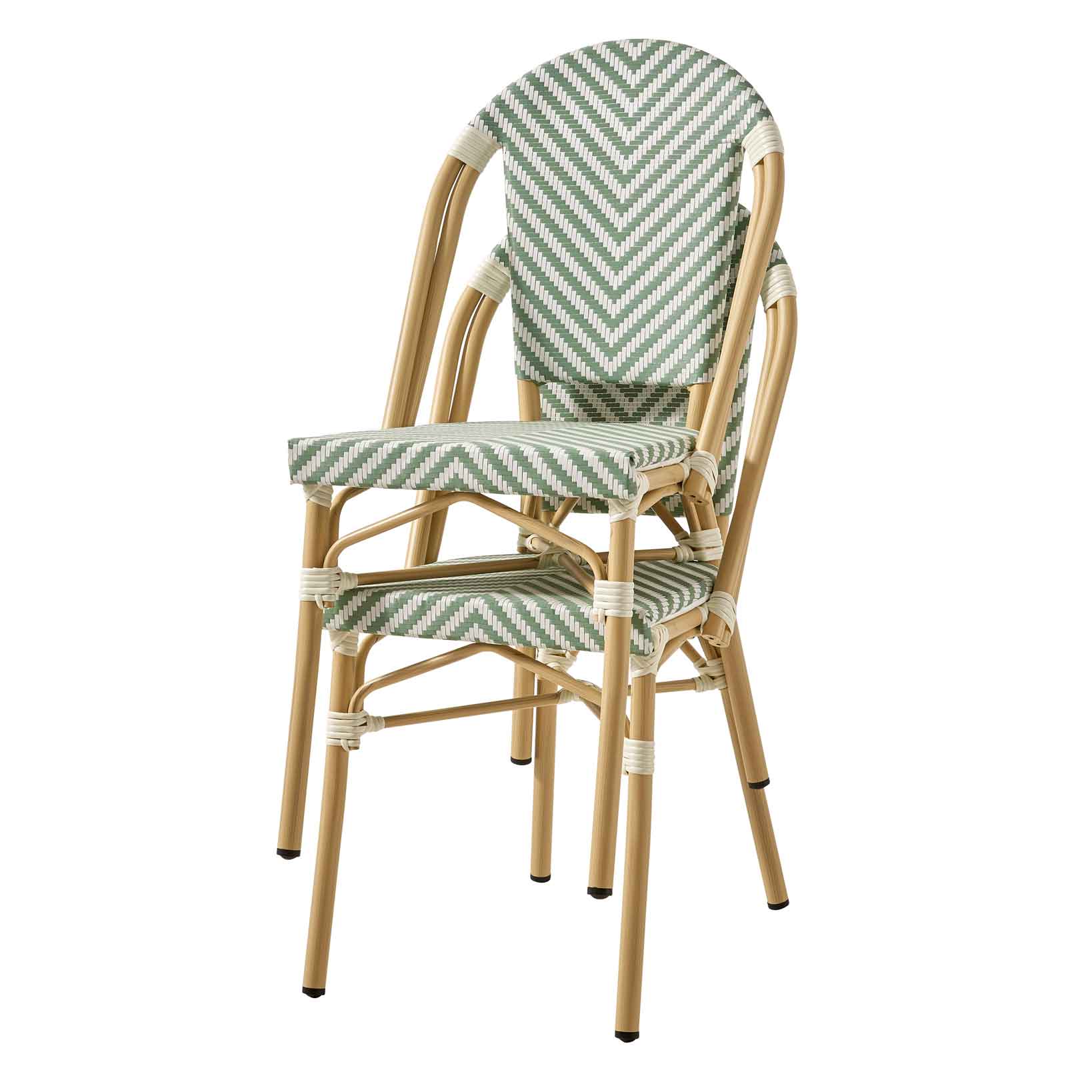 Zypern Green White Outdoorstuhl mit Rückenlehne im grün-weißen Flechtmuster - Stapelansicht