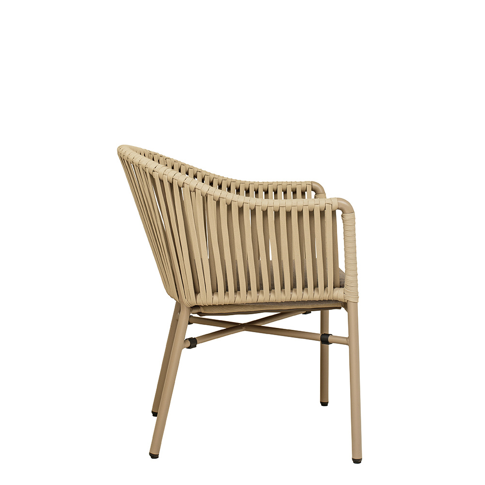 Ramila Macchiato Terrassenstuhl mit beigem Aluminiumgestell und Textilen-Rücken, stapelbar und wetterfest für Gastronomie Seitenansicht