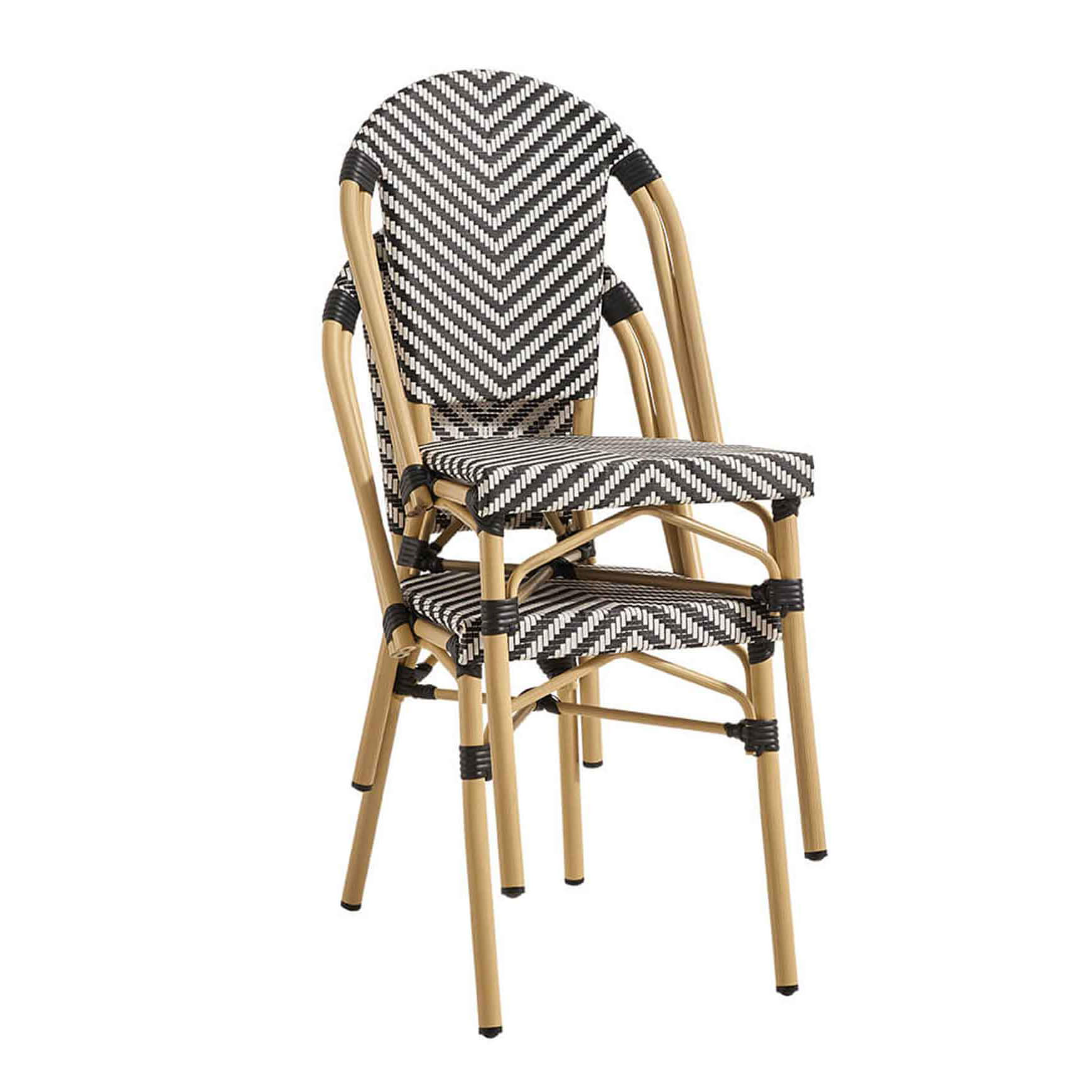terassenstuehle_stapelbar_zypern_black_white_stapel Zypern Black White Outdoorstuhl mit Rückenlehne mit schwarz-weißem Flechtmuster in Rattan-Optik - Stapelansicht