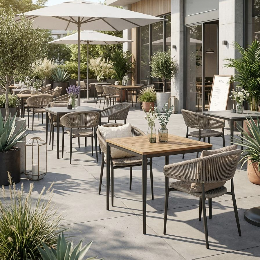 Jacora Silver-Grey Outdoorstuhl mit Geflecht – Milieubild Terrasse