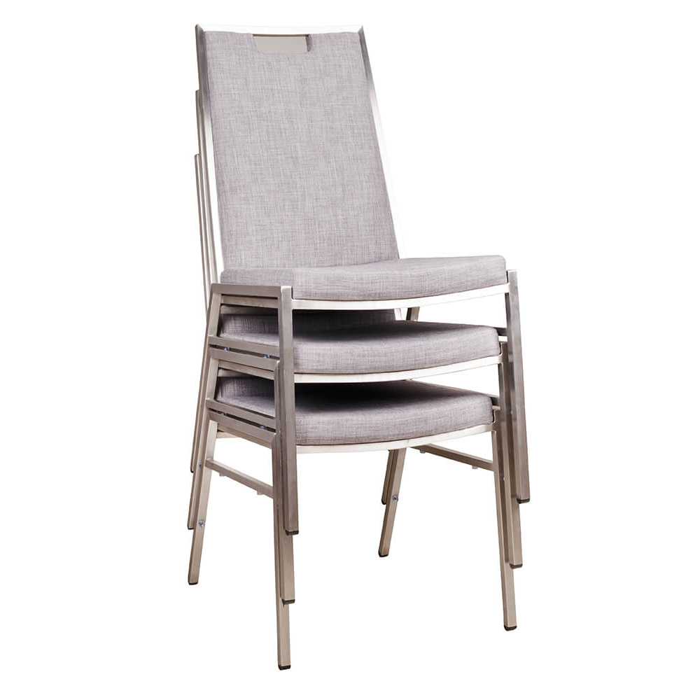 Bankettstuhl Arano mit Metallgestell und grauer Polsterung, stapelbar