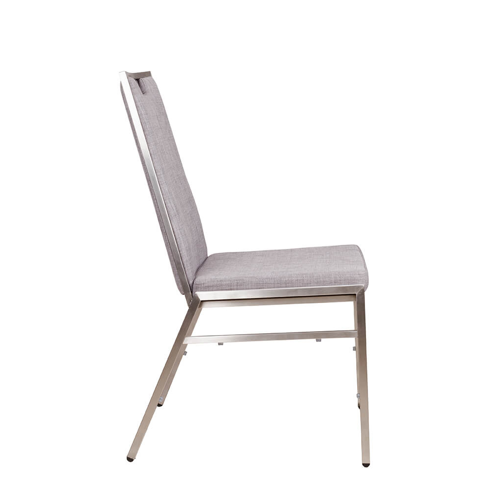 Bankettstuhl Arano mit Metallgestell und grauer Polsterung, stapelbar