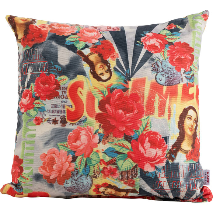 Kissen Estaro Summer 40x40 cm Limited mit farbenfrohem Collage-Design aus Rosen, grafischen Elementen und Vintage-Porträts