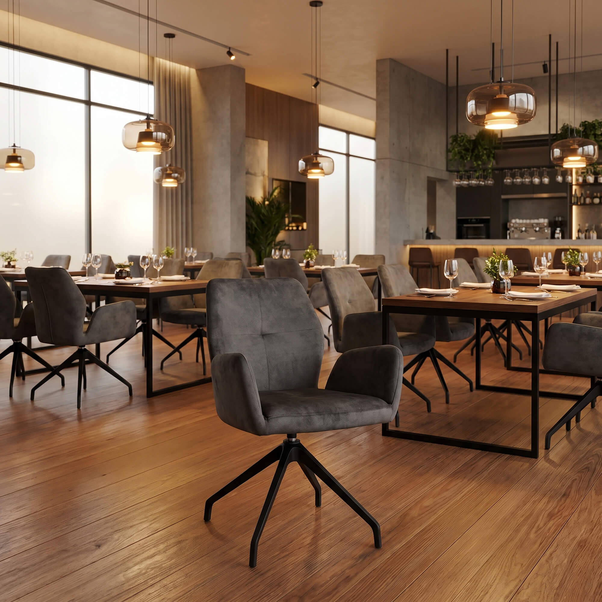 Gastronomiestuhl Evento in Grau als komfortabler Drehstuhl im Restaurant