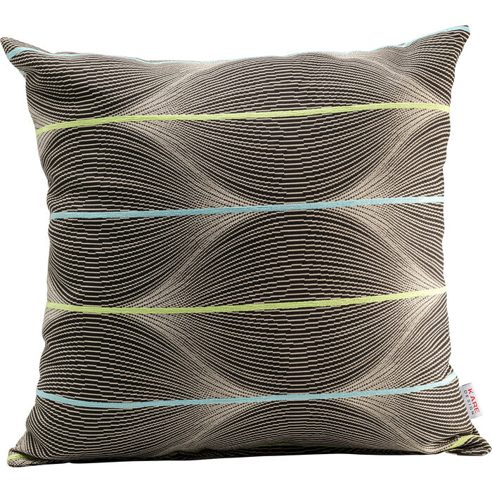 Kissen Onego Limited 40x40 cm mit abstraktem Wellenmuster in Braun, Beige und Schwarz, akzentuiert durch feine Linien in Grün und Hellblau