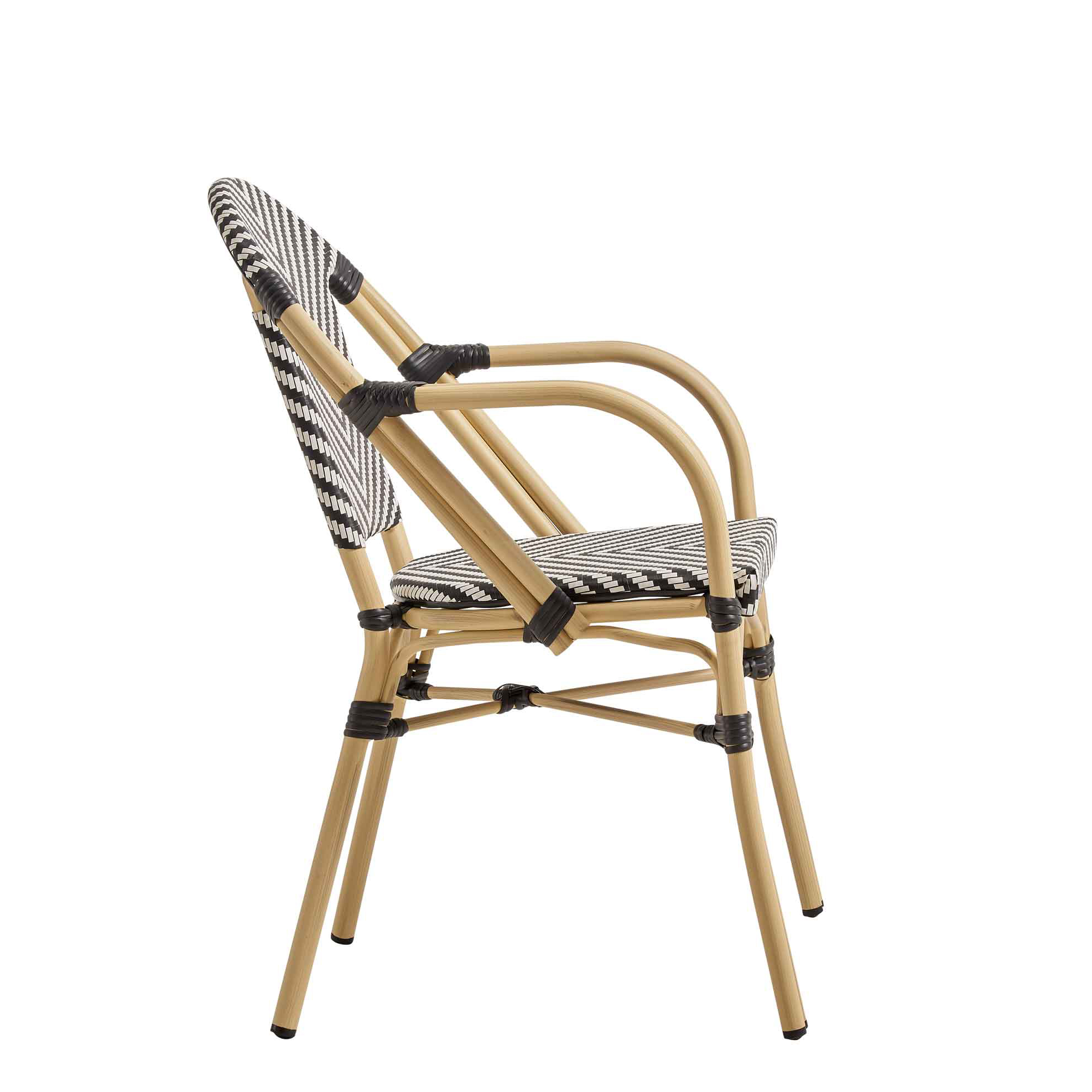 Zypern Arm Black White Outdoorstuhl mit Armlehnen und schwarz-weißem Flechtmuster – Seitenansicht