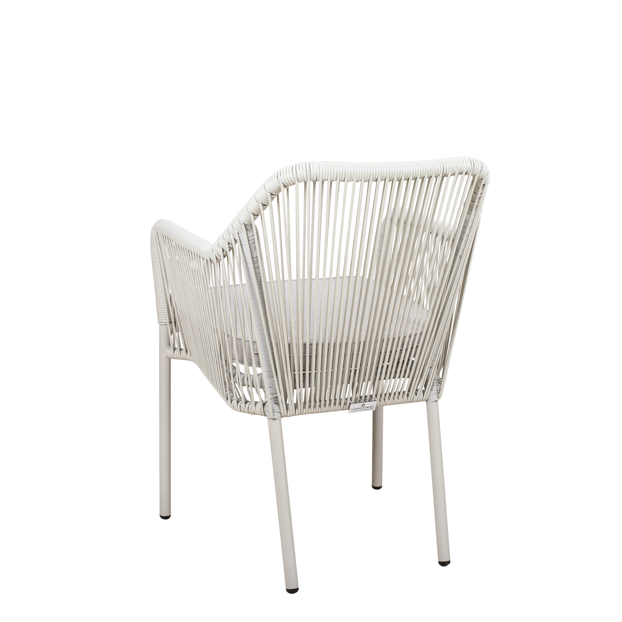 Baleris Greige Outdoorstuhl mit Armlehnen und Geflecht – Rueckansicht