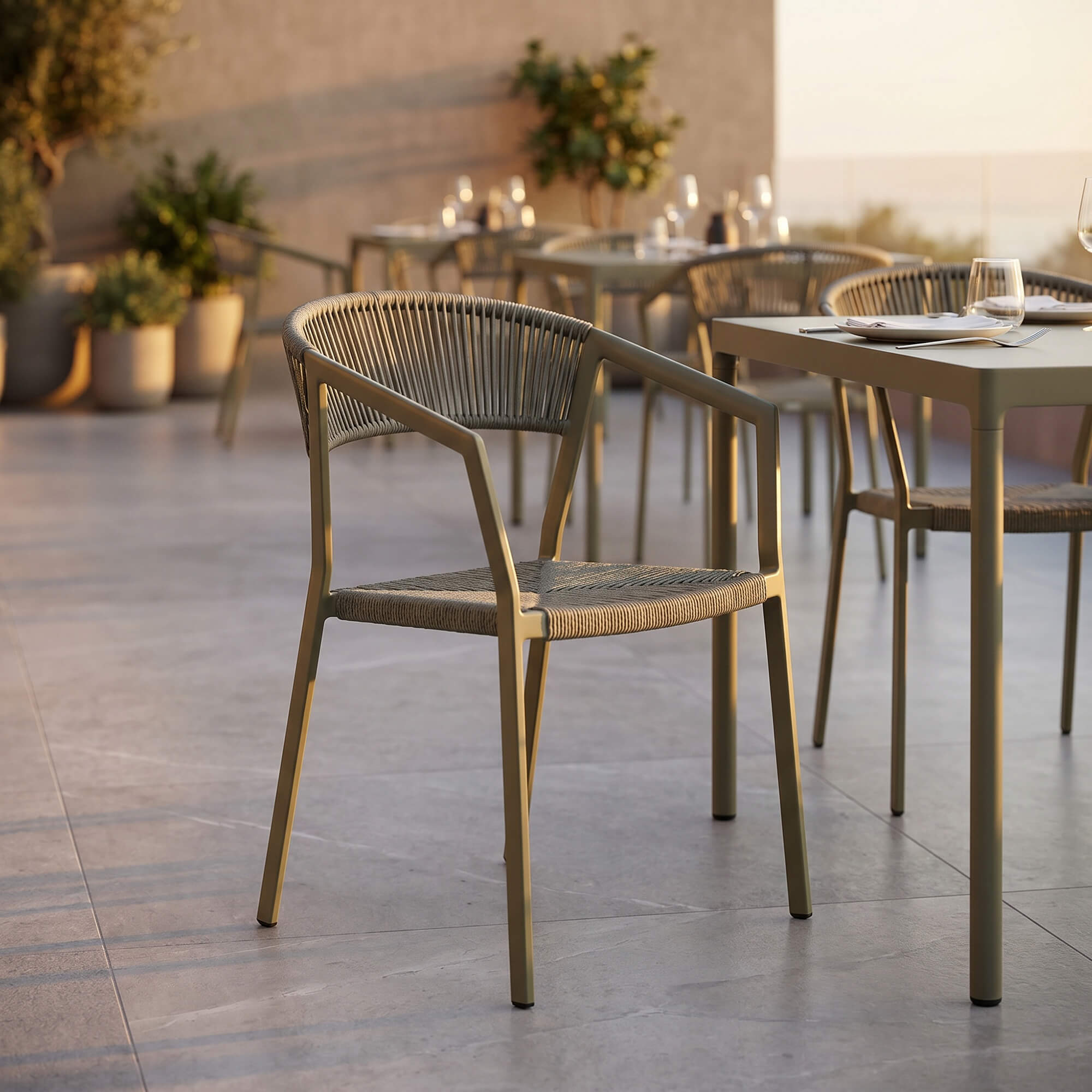 Outdoorstuhl Sponto X Green für stilvolle Gastronomie-Terrassen Outdoorstuhl Sponto X Green mit Armlehnen und Geflechtsitz im Außenbereich