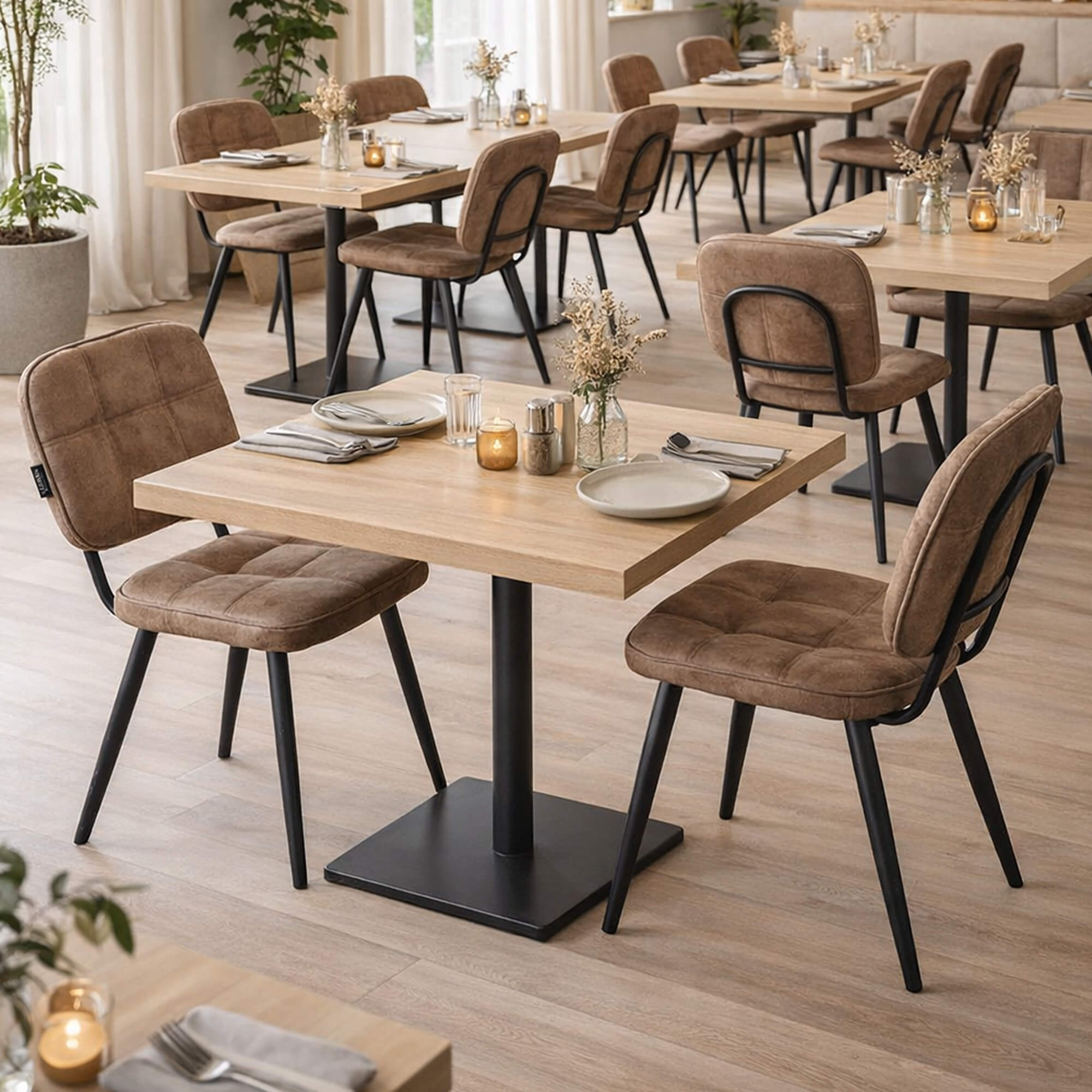 Gastronomiestuhl Bisano Braun im Industrial-Stil Gastronomiestuhl Bisano – brauner Gastronomiestuhl mit gepolsterter Sitz- und Rückenfläche im Industrial-Restaurant