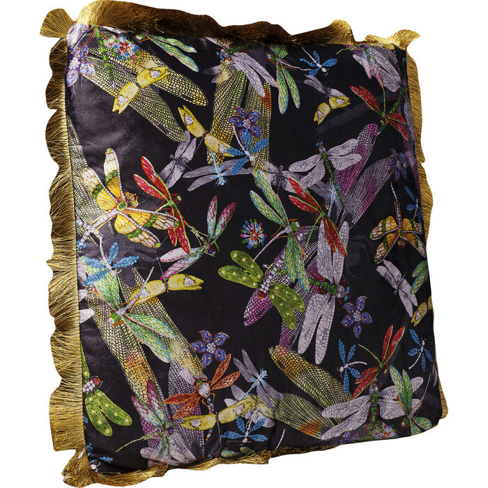 Gastronomie_kissen_tropical_garden_Fringe_45x45cm_vorne Tropical Garden fringe 45x45cm Dekokissen mit farbigem Libellenmuster auf schwarzem Hintergrund und goldfarbener Fransenbordüre