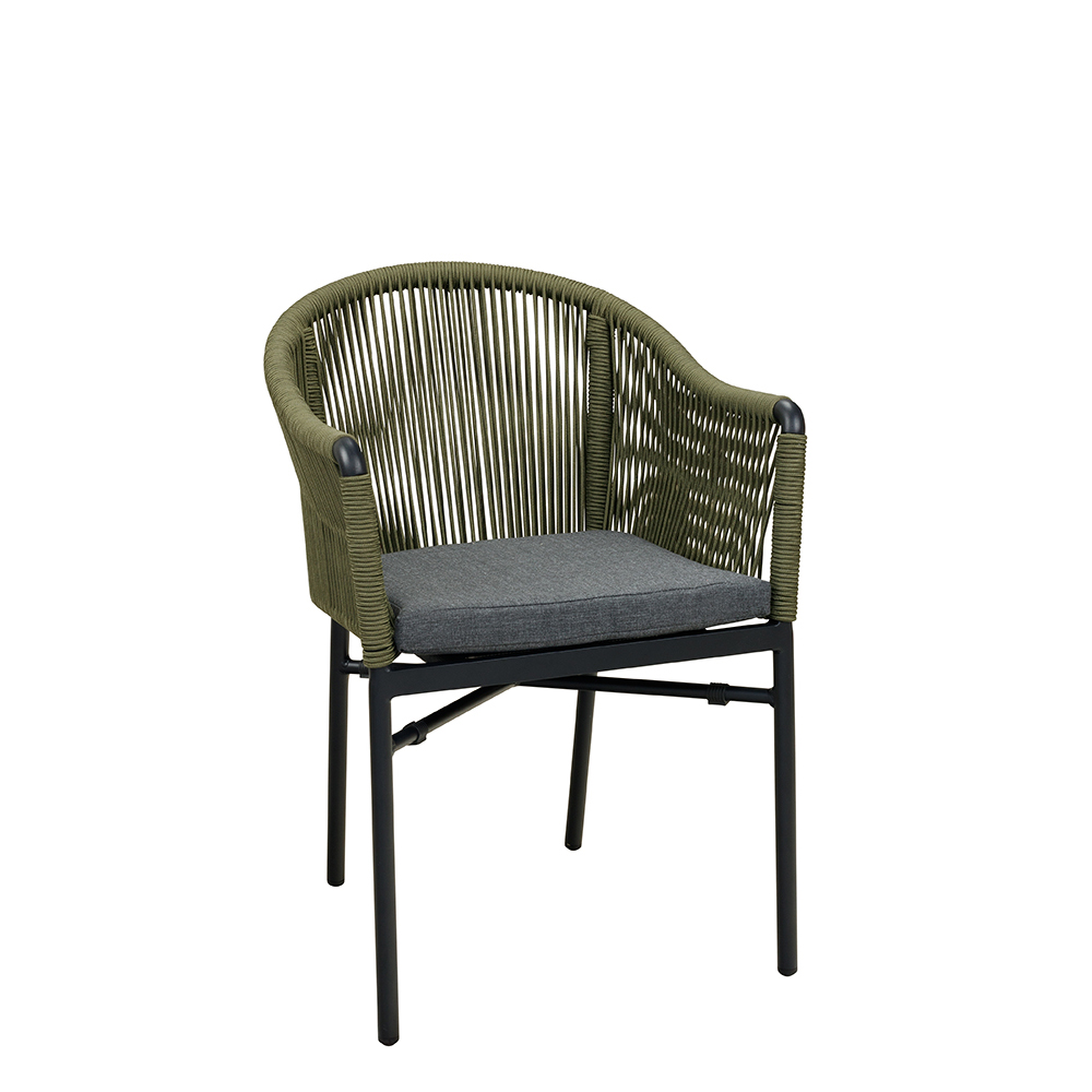 Ramila-TRR Green Terrassenstuhl mit beigem Aluminiumgestell und Textilen-Rücken, stapelbar und wetterfest für Gastronomie