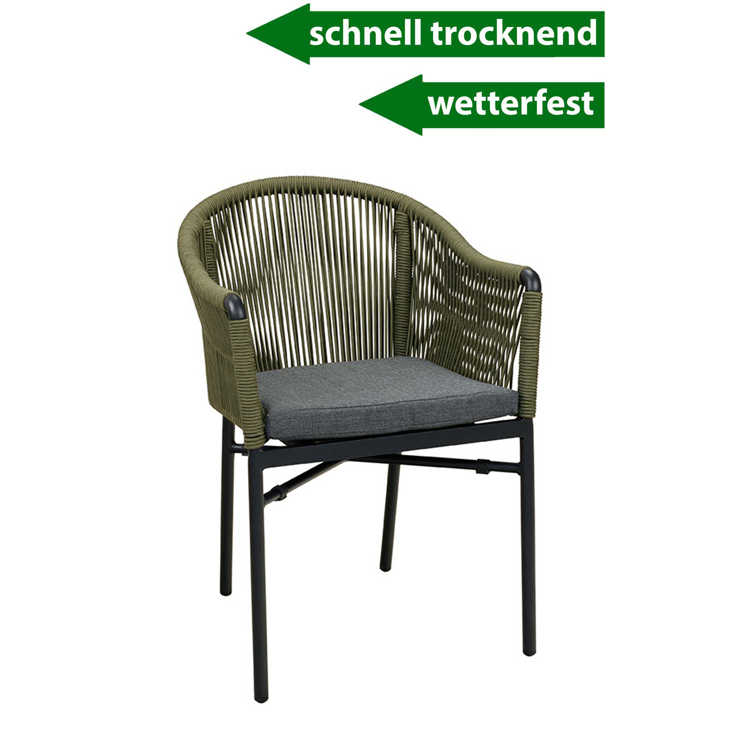 Ramila-TRR Green Terrassenstuhl mit beigem Aluminiumgestell und Textilen-Rücken, stapelbar und wetterfest für Gastronomie