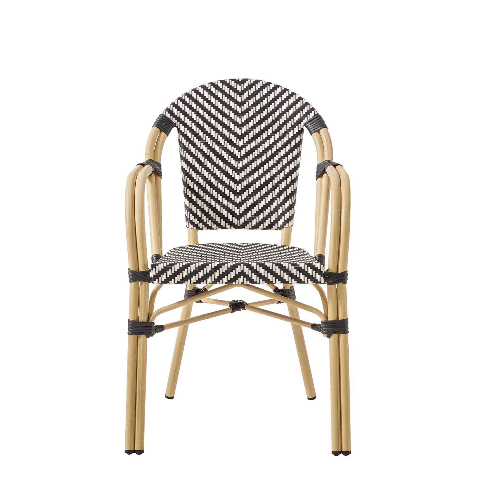 Zypern Arm Black White Outdoorstuhl mit Rückenlehne mit schwarz-weißem Flechtmuster in Rattan-Optik - Frontalansicht