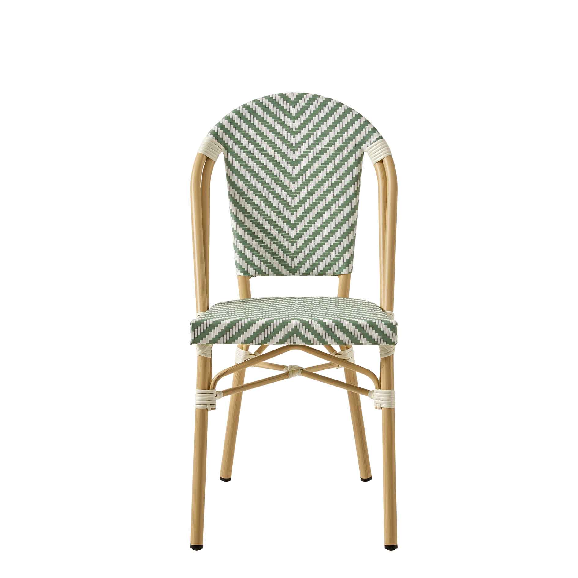 Zypern Green White Outdoorstuhl mit Rückenlehne im grün-weißen Flechtmuster - Frontalansicht
