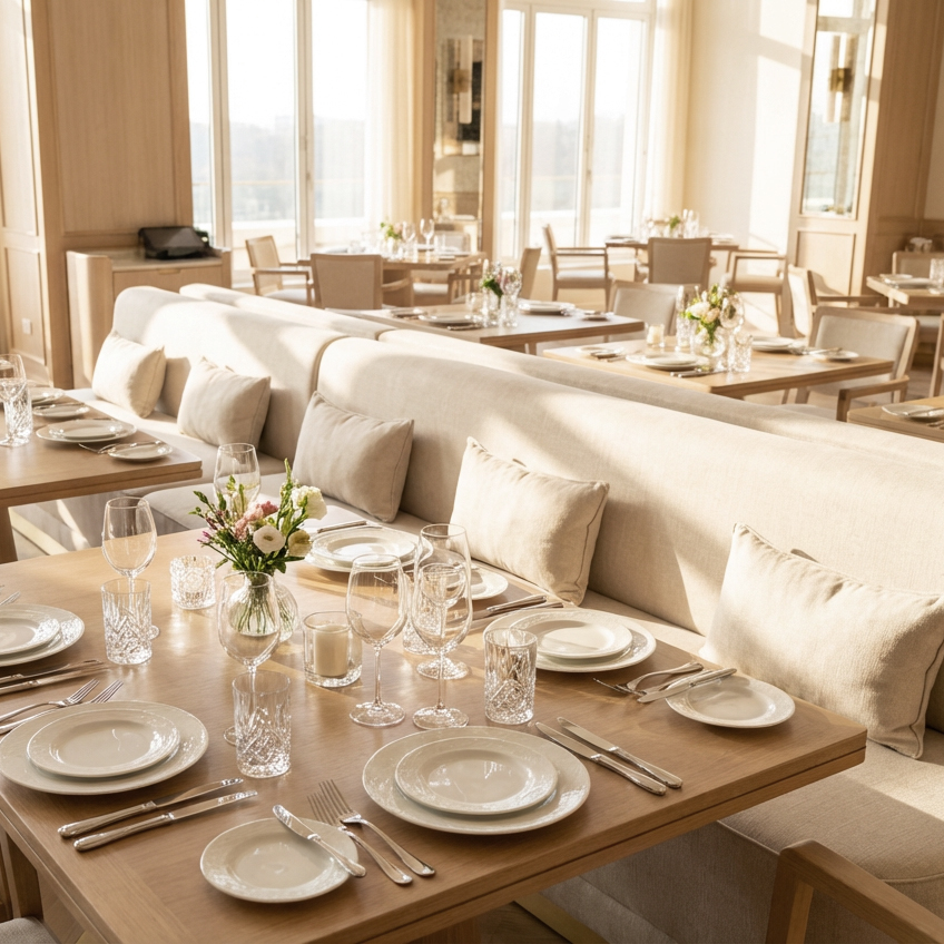 vollpolsterbank_gastronomie_E-101_milieubild_restaurant Vollpolsterbank E-101 mit Dekokissen – Milieubild Restaurant