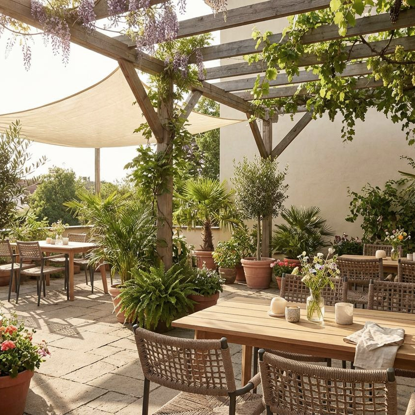 Sisson Wheat Outdoorstuhl mit Geflecht – Milieubild Restaurant