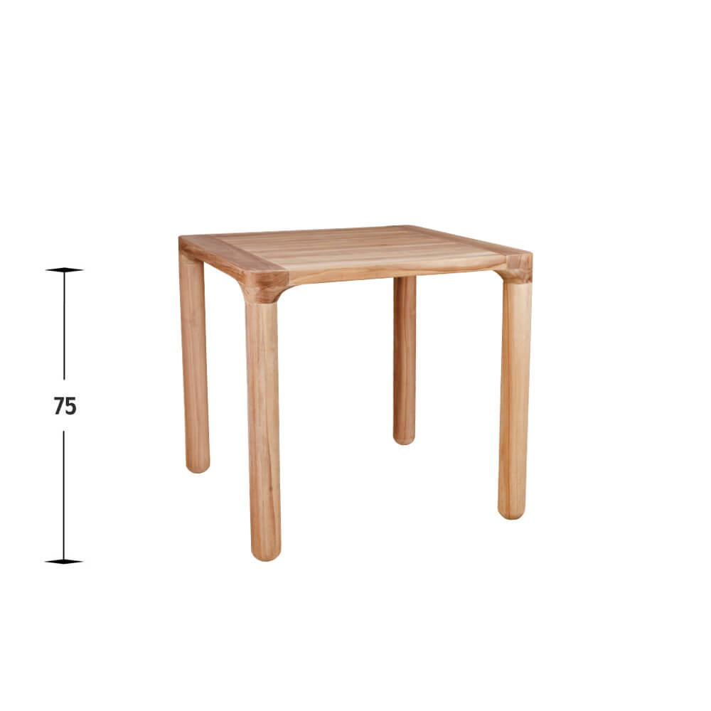 Quadratischer Outdoor-Tisch Zubella 80 aus Holz mit Maßangabe 75 cm Höhe, frontal fotografiert