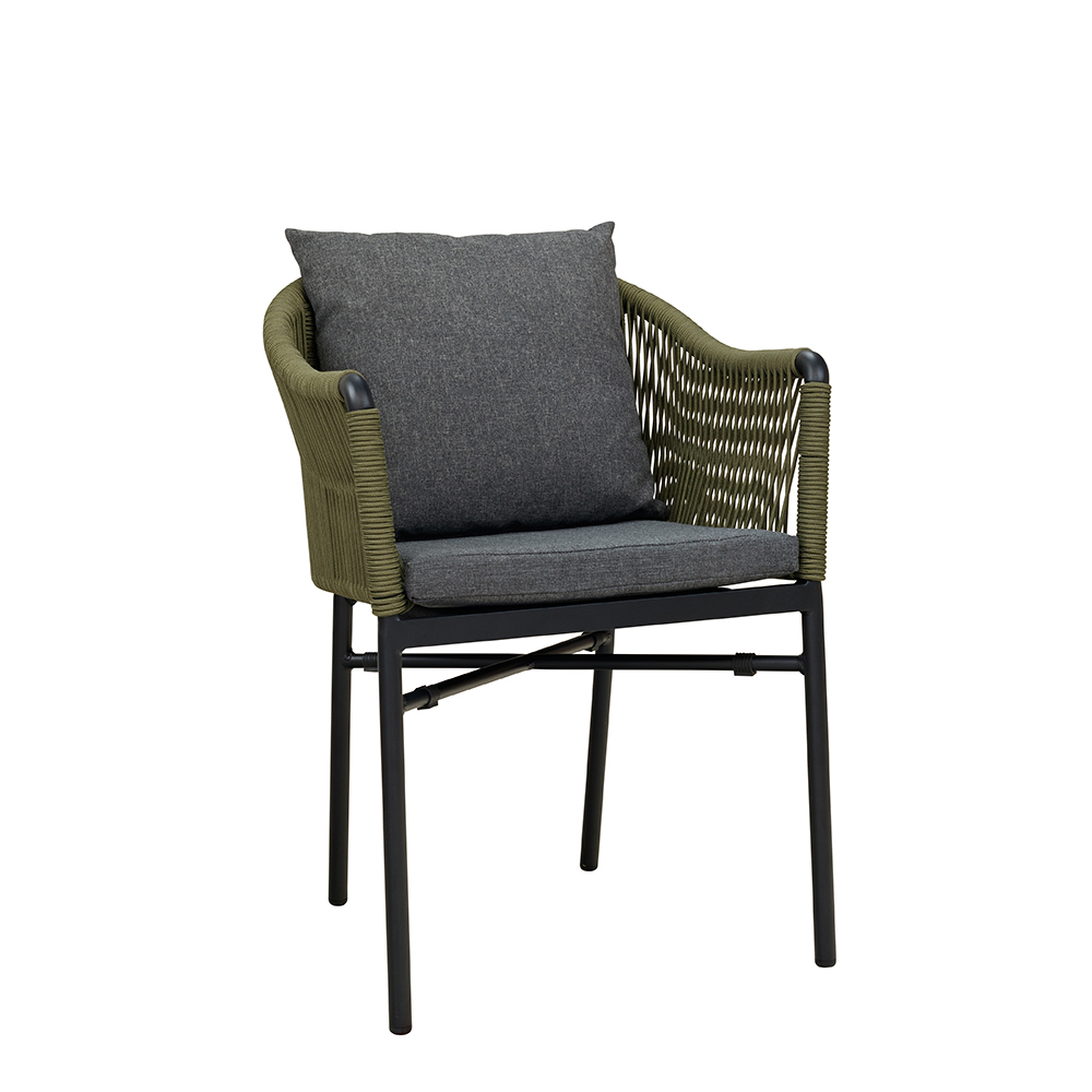 Ramila-TRR Green Terrassenstuhl mit beigem Aluminiumgestell und Textilen-Rücken, stapelbar und wetterfest für Gastronomie mit Sitzkissen