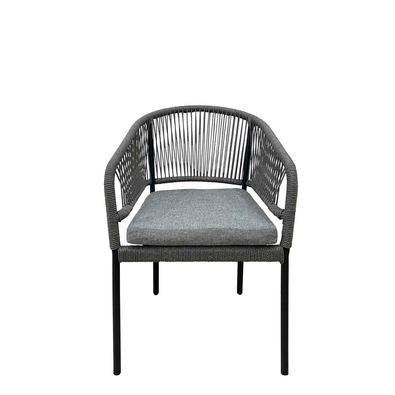 Densa Grey Outdoorstuhl mit Armlehnen, Sitzkissen und Geflecht – Frontalansicht