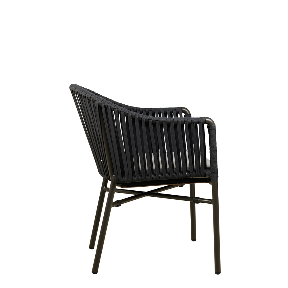 Terrassenstuhl Ramila-48 Dark Grey mit beigem Aluminiumgestell und Textilen-Rücken, stapelbar und wetterfest für Gastronomie Seitenansicht