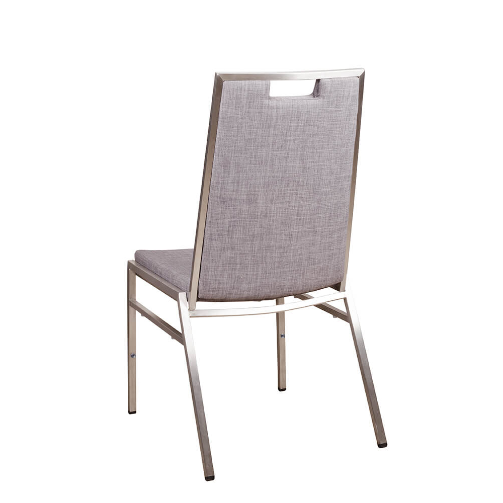 Bankettstuhl Arano mit Metallgestell und grauer Polsterung, stapelbar