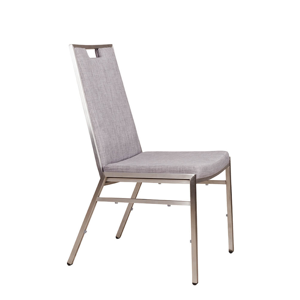 Bankettstuhl Arano mit Metallgestell und grauer Polsterung, stapelbar