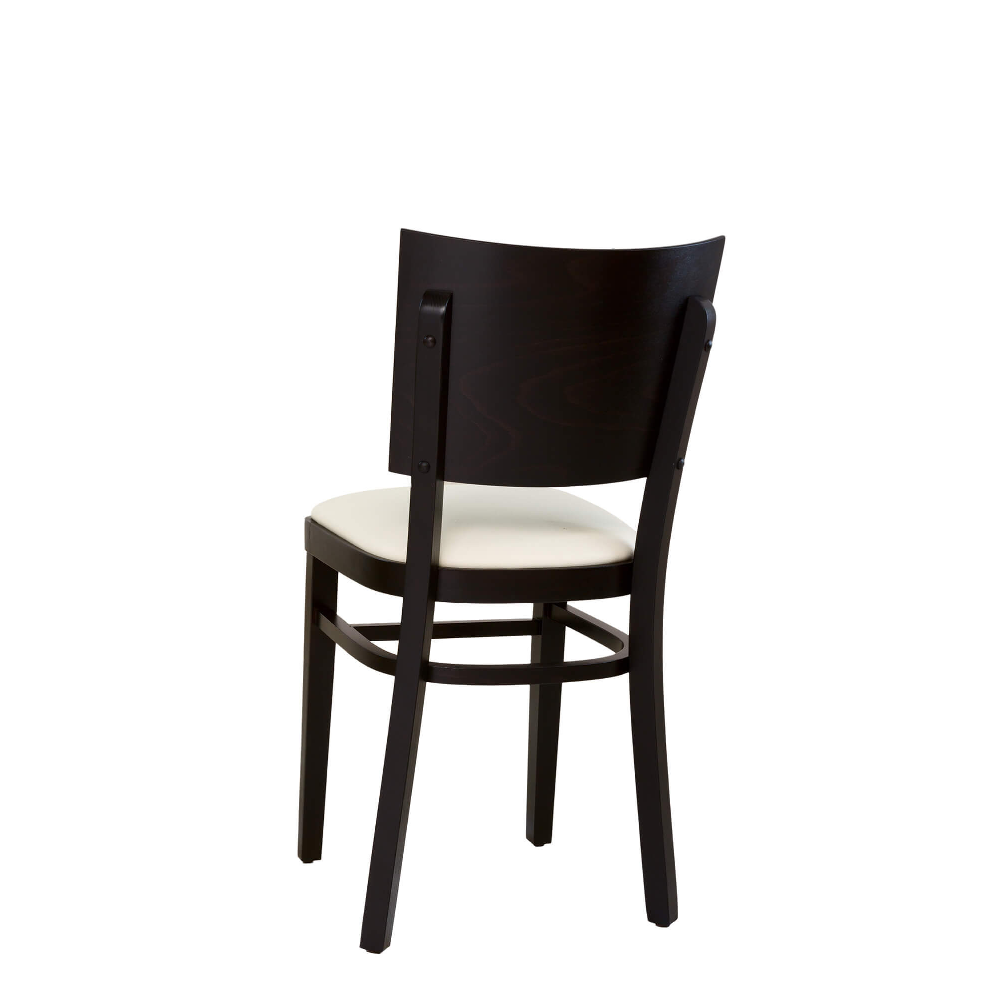 holzstuhl Muno-P, Rückansicht: dunkelbraunes Holzgestell, breite Rückenlehne, gepolsterte Sitzfläche in Creme für Gastronomie.