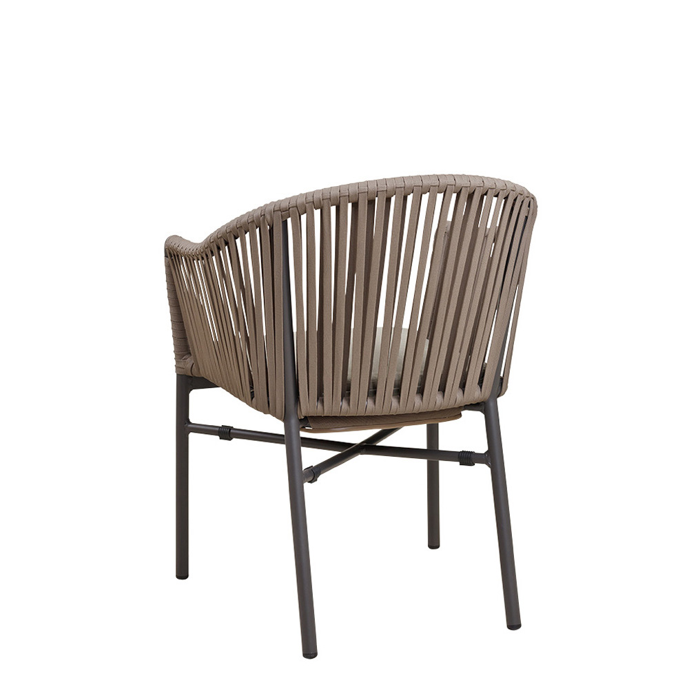 Gastronomie Terrassenstuhl Ramila-48 Taupe als moderner, wetterfester Outdoorstuhl mit Geflecht und Kissen auf Metallgestell Rückenansicht