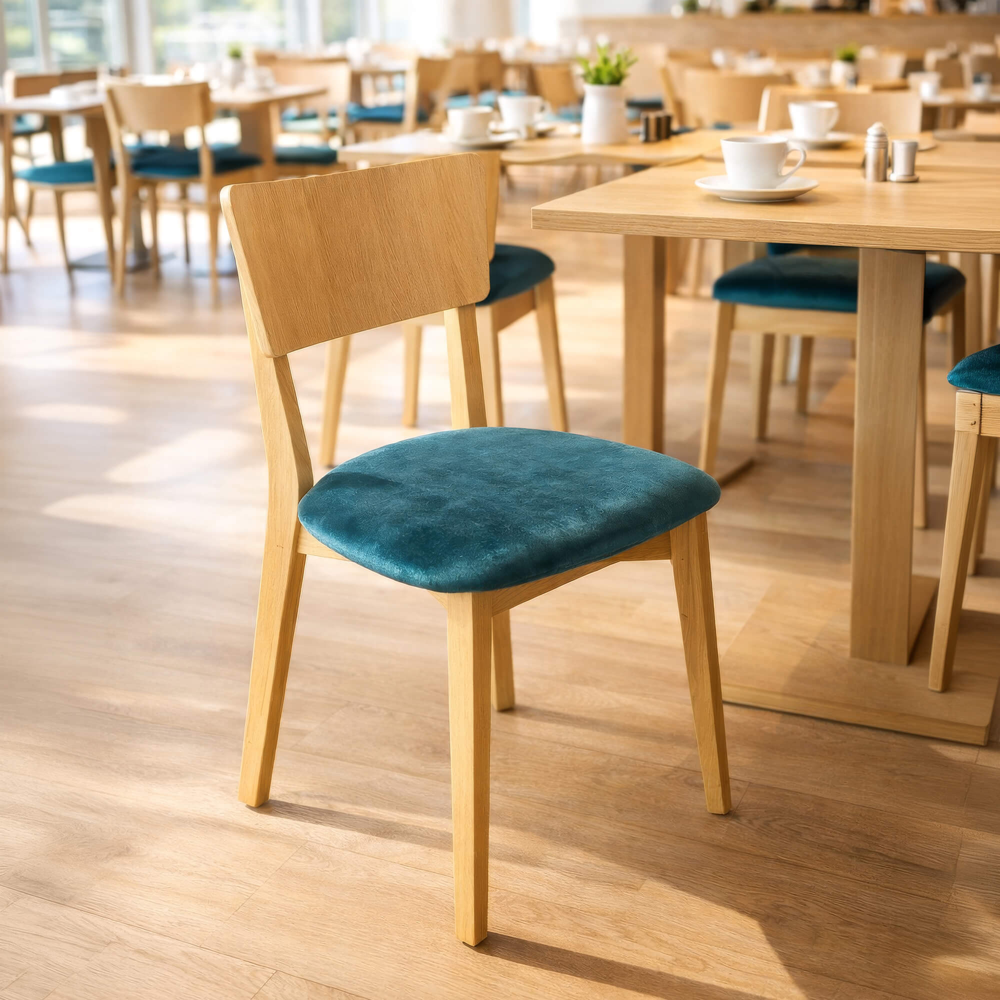 Gastronomie Holzstuhl Dimoni P Eiche im Café mit blau gepolsterter Sitzfläche Gastronomie Holzstuhl Dimoni P Eiche mit blau gepolsterter Sitzfläche in hellem Café-Ambiente