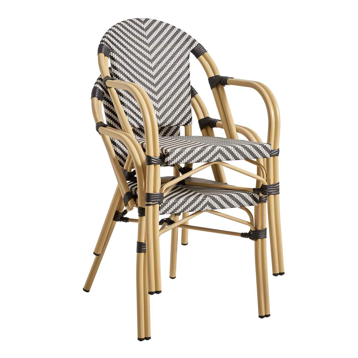 Zypern Arm Black White Outdoorstuhl stapelbar mit Armlehnen und Flechtmuster – Stapelansicht