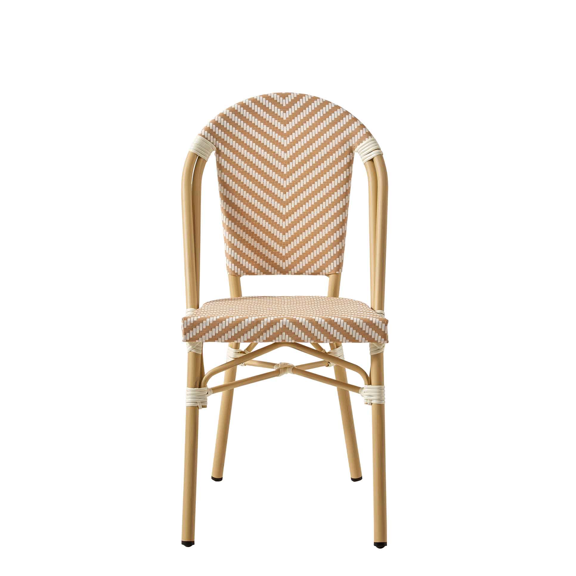 Zypern Cream White Outdoorstuhl mit Rückenlehne mit beige-weißem Flechtmuster in Rattan-Optik - Frontalansicht